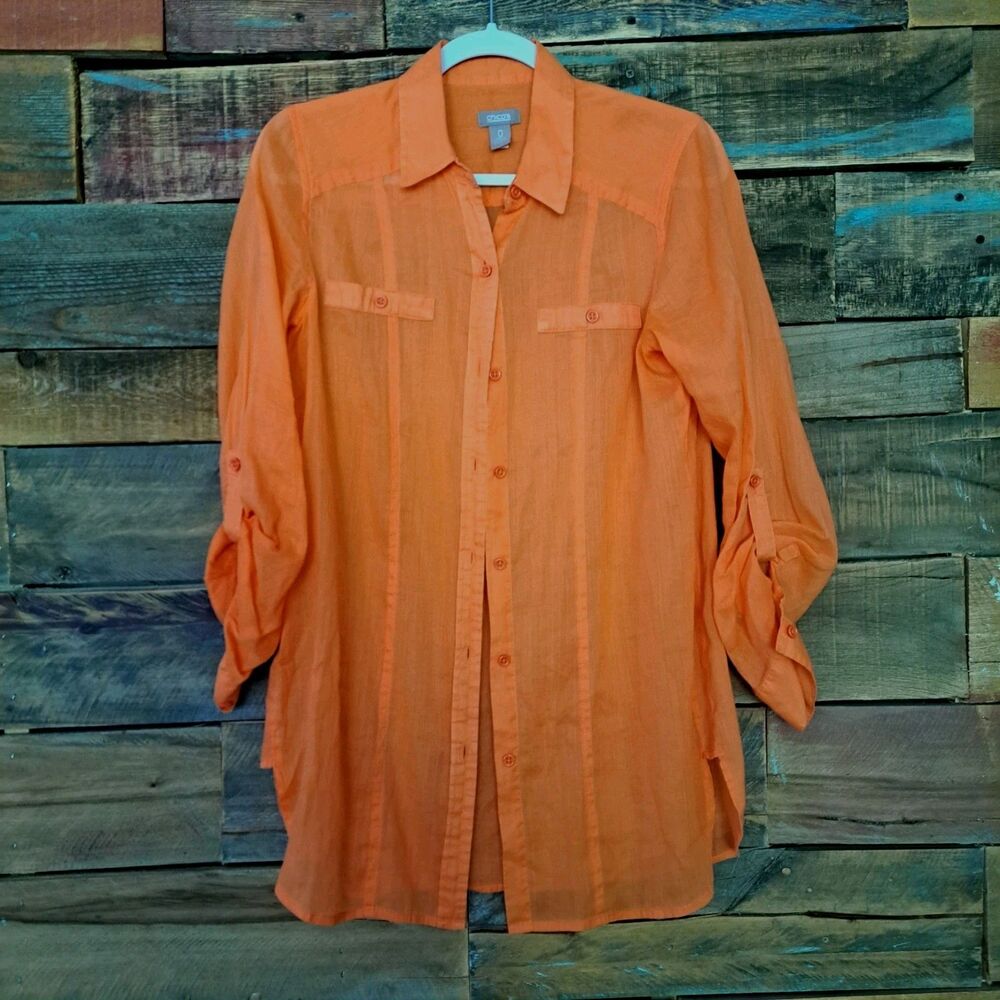 Chico's Blouse Size Small Orange Coral 100% Linen Button Up Roll Tab Sleeves